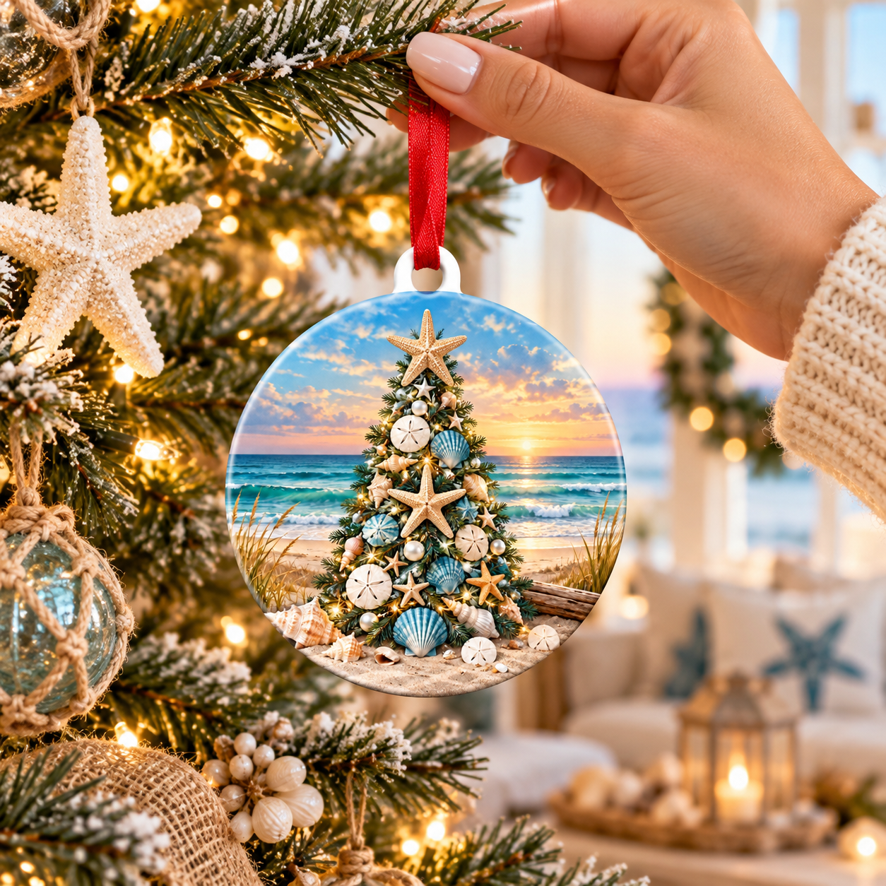 Coastal Christmas Ornament, Seashell Christmas Tree, Beach Ornament, Starfish Nautical Holiday Decor, Tropical Christmas Gift
