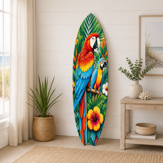 Tropical Parrot Surfboard Wall Art | Macaw Coastal Decor | Indoor Outdoor PVC