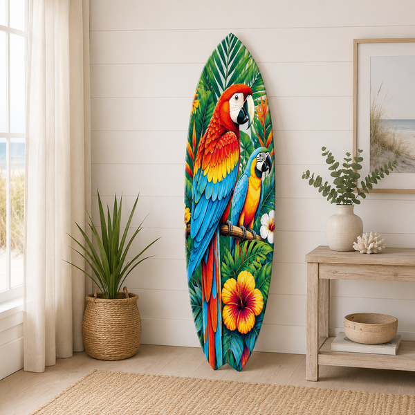 Tropical Parrot Surfboard Wall Art | Macaw Coastal Decor | Indoor Outdoor PVC
