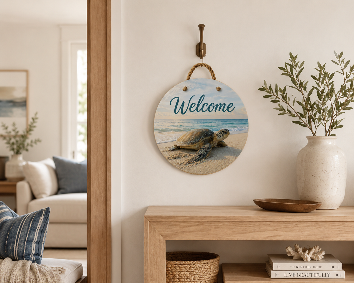 Turtle Welcome Door Hanger, 15-3/4-Inch Round Coastal Nautical Beach House Decor