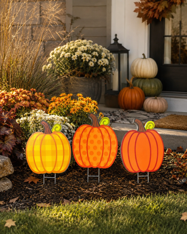 PVC Pumpkin Yard Stakes Set: Durable Autumn Garden Decor - Made in USA