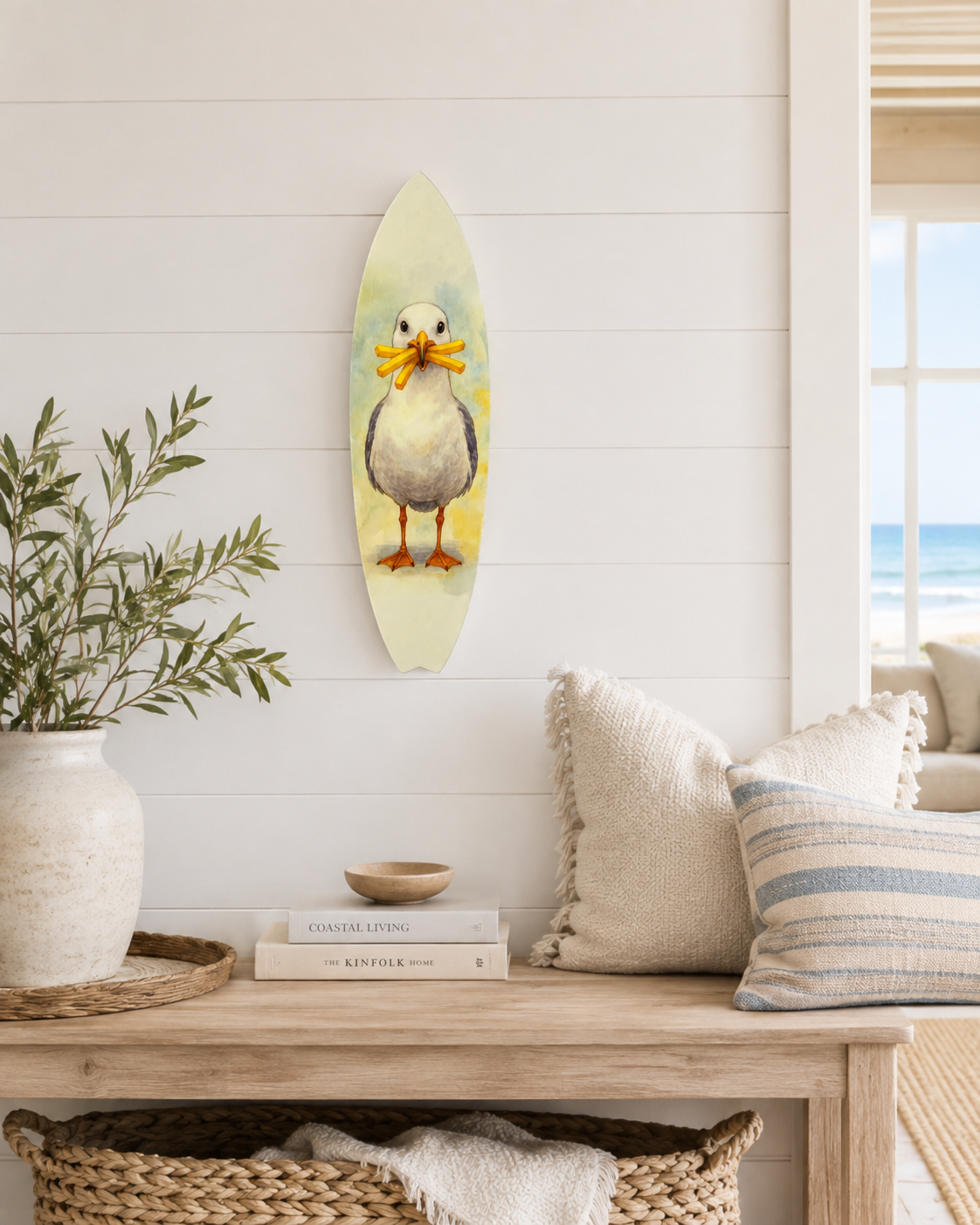 Sully the Seagull Surfboard Wall Art Eating French Fries | Funny Coastal Beach Decor