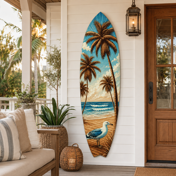 Tropical Beach Surfboard Wall Art | Palm Trees & Waves | Weather-Resistant PVC