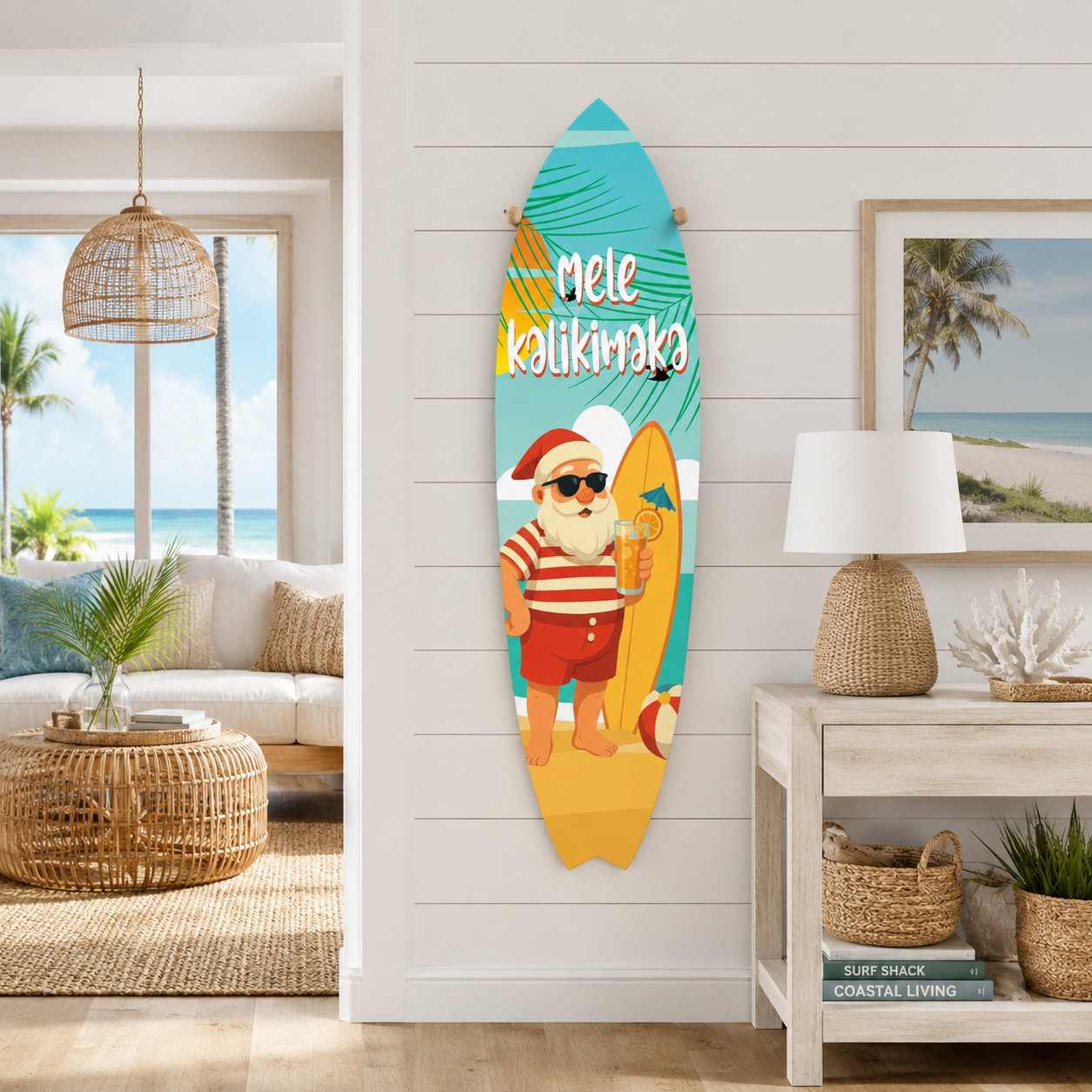 Mele Kalikimaka Christmas Surfboard Wall Art - Weather-Resistant PVC, Tropical Holiday Decor