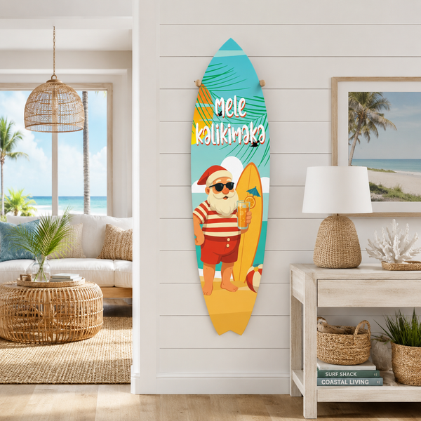 Mele Kalikimaka Christmas Surfboard Wall Art - Weather-Resistant PVC, Tropical Holiday Decor