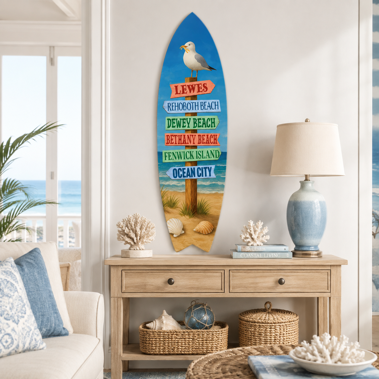 Delaware Beaches Surfboard Wall Art – Coastal Directional Sign Nautical Decor