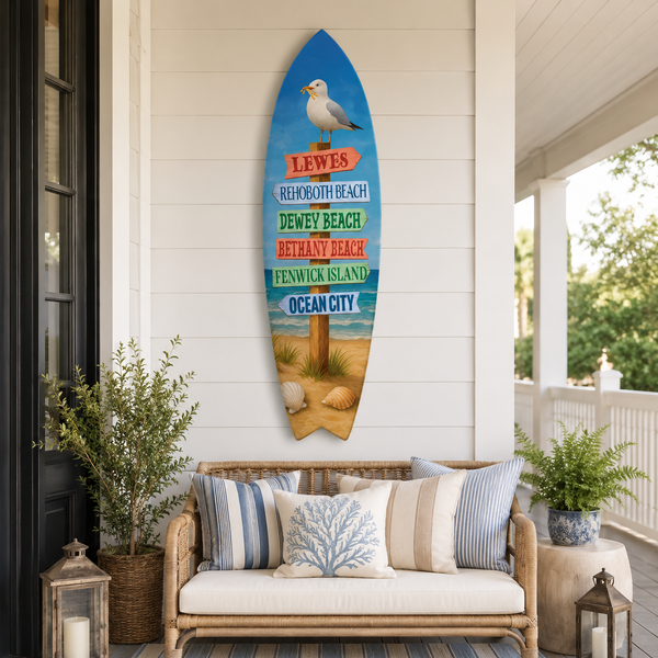 Delaware Beaches Surfboard Wall Art – Coastal Directional Sign Nautical Decor