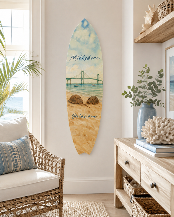 Millsboro Delaware Surfboard Wall Art, Outdoor Coastal Decor, Beach House Sign