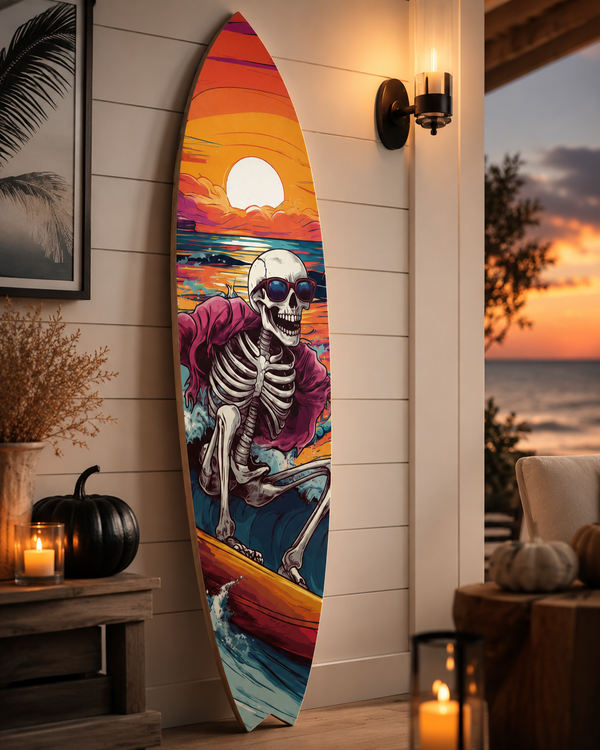 Halloween Surfboard Wall Art | Skeleton Surfing | Coastal PVC Porch Decor