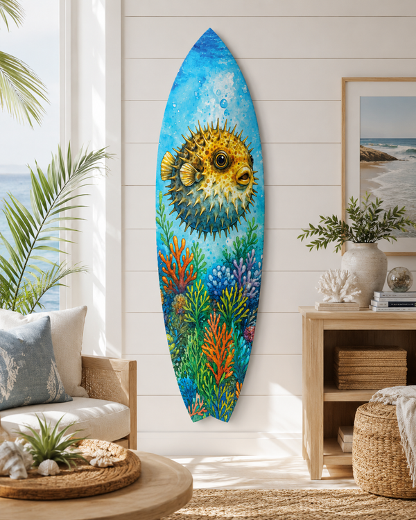 Pufferfish Surfboard Wall Art, Coastal Beach House Decor, PVC, 1 FT to 5 FT
