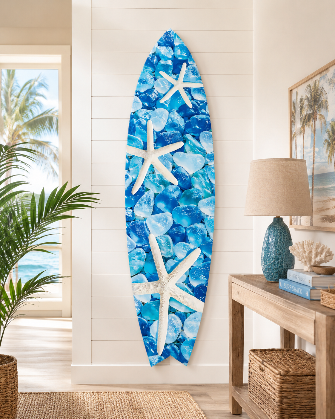 Starfish & Sea Glass Surfboard Wall Art | JennyGems | Blue Ocean Coastal Decor, Indoor Outdoor PVC