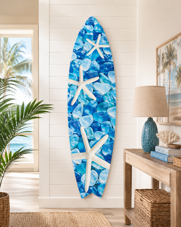 Starfish & Sea Glass Surfboard Wall Art | JennyGems | Blue Ocean Coastal Decor, Indoor Outdoor PVC
