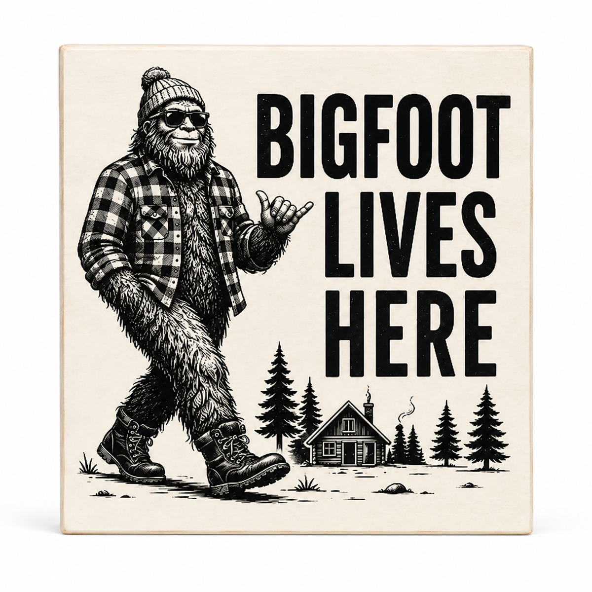A square decorative sign with a cream background featuring a black-and-white illustrated Bigfoot in a plaid shirt and beanie next to the text 'BIGFOOT LIVES HERE,' with a small cabin and pine trees below.