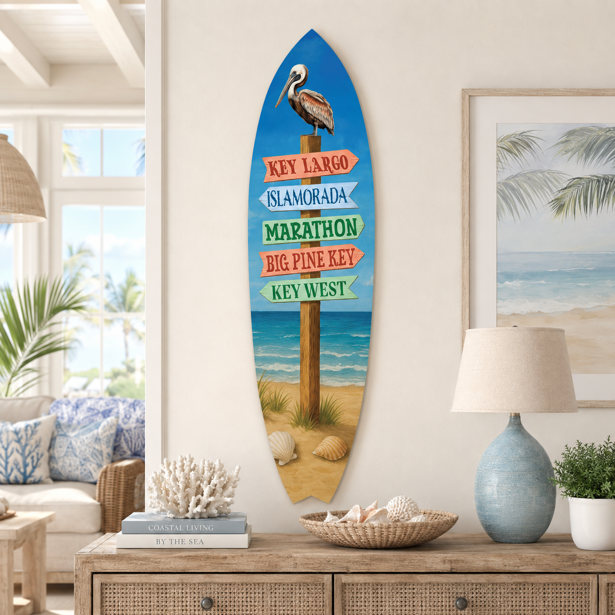 Florida Keys Surfboard Sign – Key Largo, Islamorada, Marathon, Big Pine Key & Key West | Coastal Beach House Decor