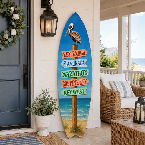 Florida Keys Surfboard Sign – Key Largo, Islamorada, Marathon, Big Pine Key & Key West | Coastal Beach House Decor