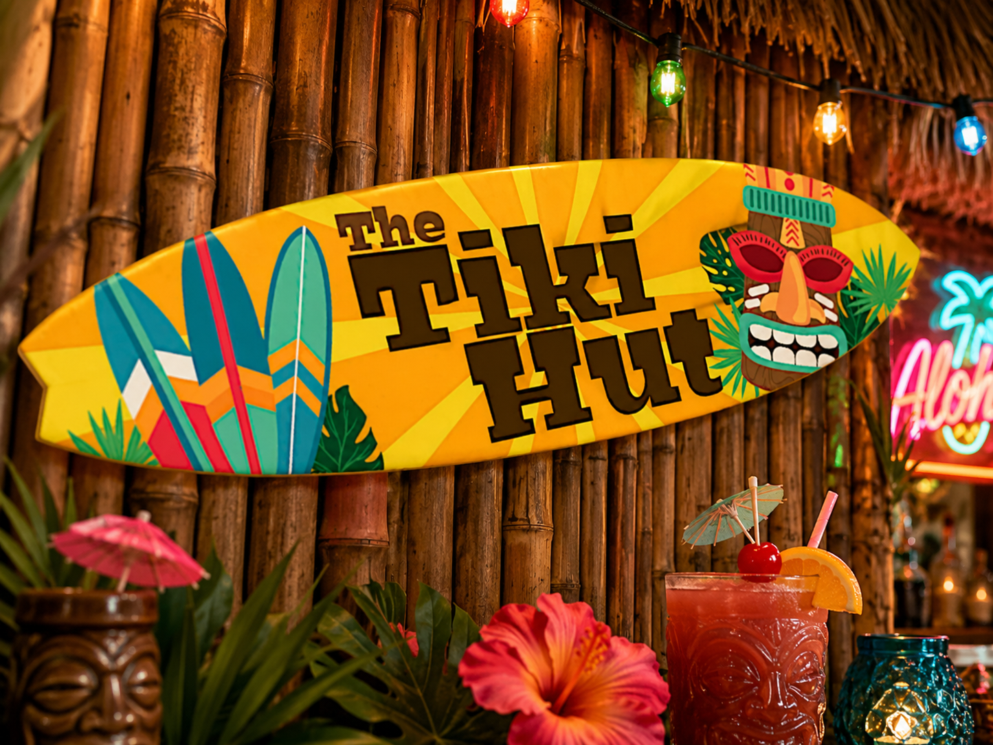 Tiki Hut Surfboard Sign: Tropical Beach Bar Wall Art