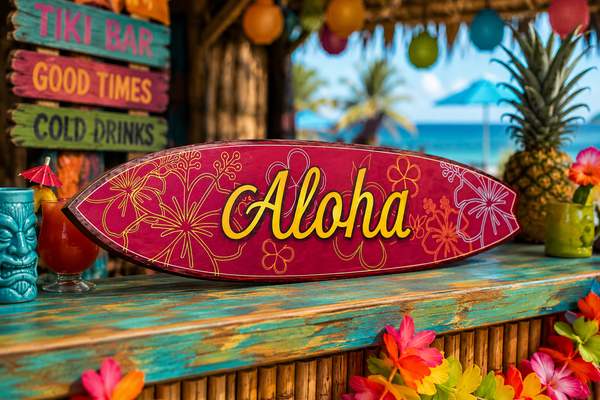 Outdoor Decorative Surfboard Wall Art, Aloha Design, Weather Resistant PVC, Coastal Decor, Indoor Outdoor