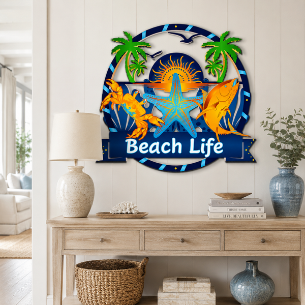 Beach Vibes Outdoor Wall Art Sign, Coastal Beach House Decor, Round PVC, 3 Foot