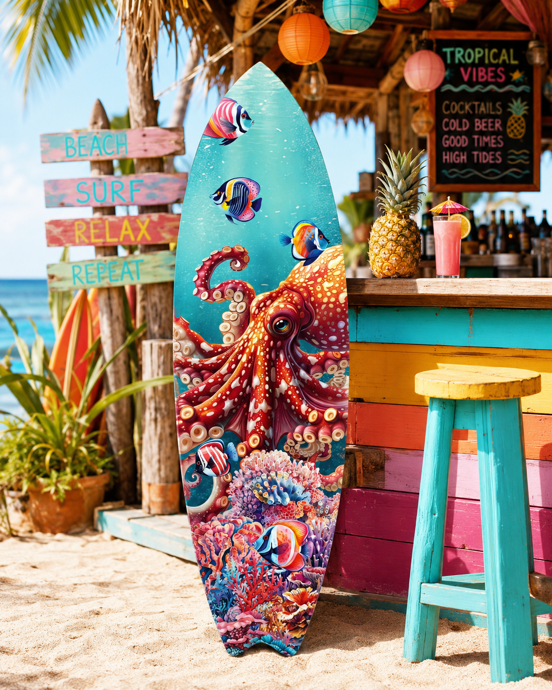 Vibrant Octopus Surfboard Wall Art Decor, Weather Resistant