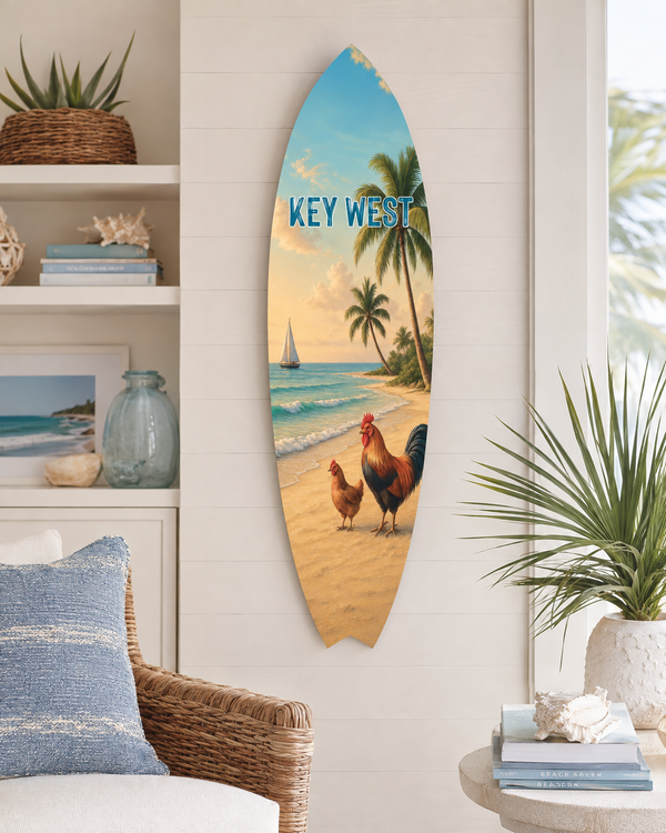 Key West Chicken Surfboard Wall Art: Beach Coastal Decor