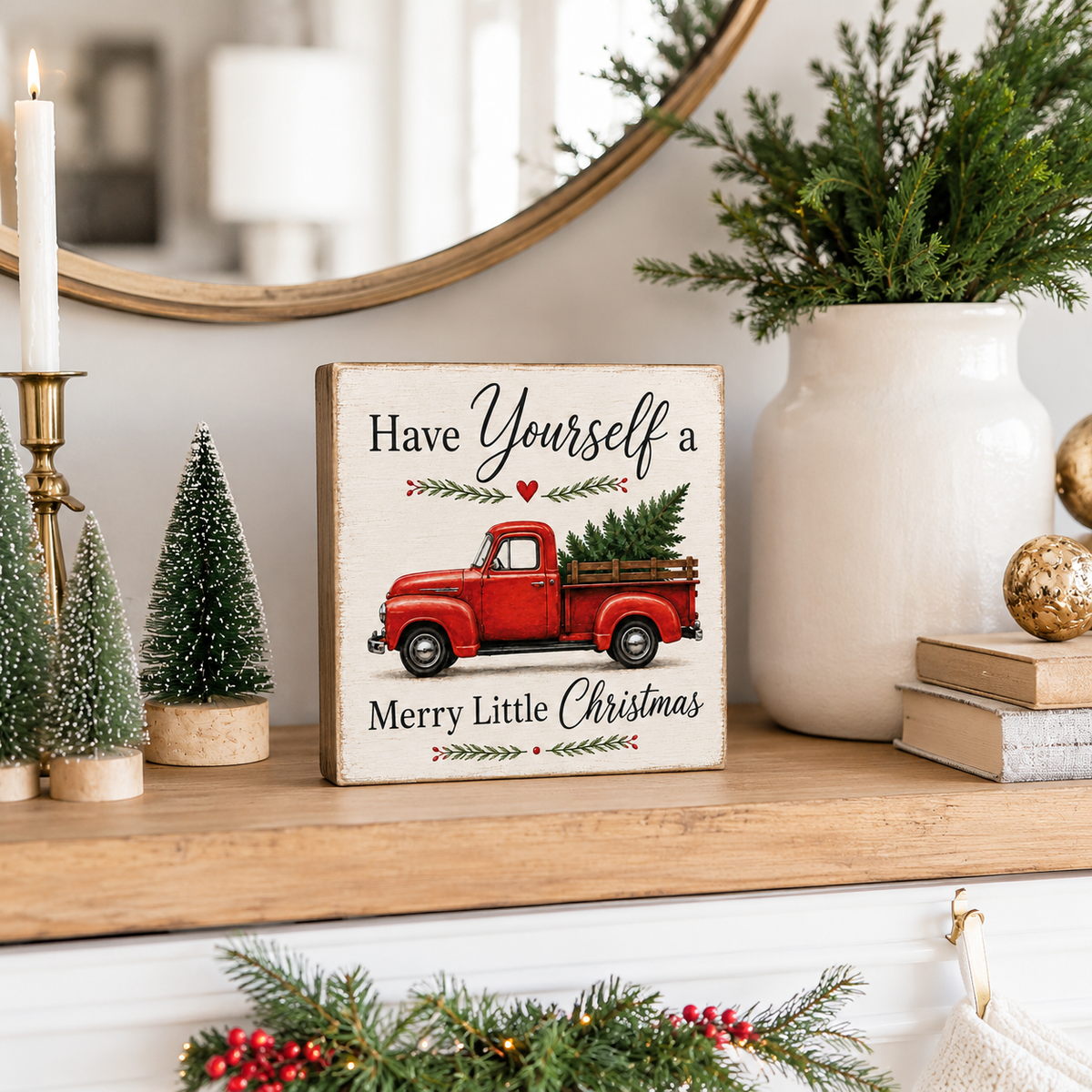 Have Yourself a Merry Little Christmas Red Truck Sign - Vintage Holiday Wood Decor