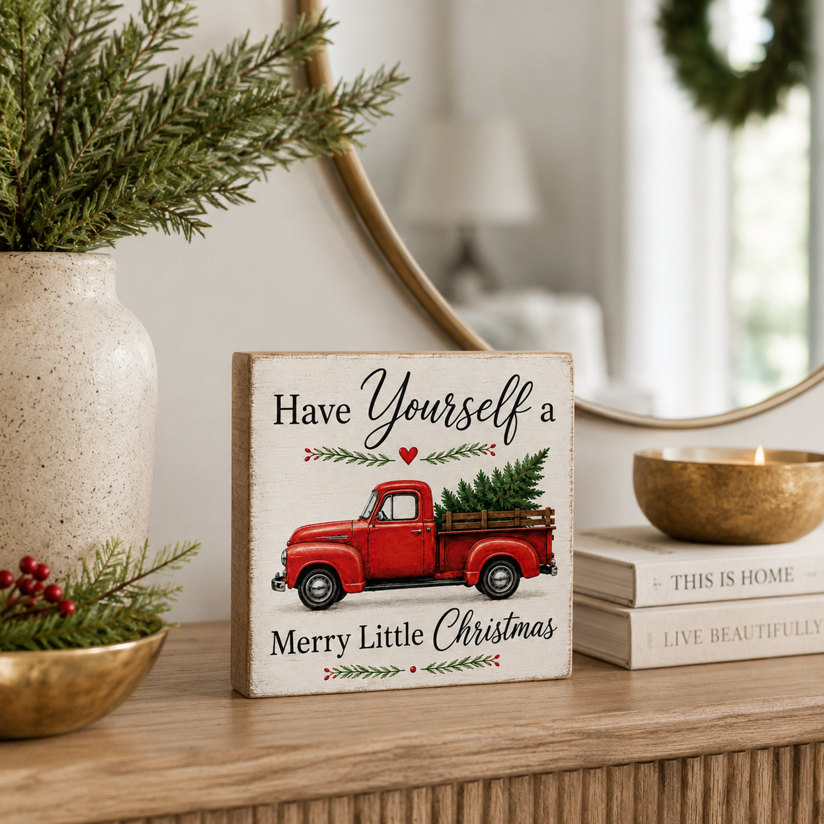 Have Yourself a Merry Little Christmas Red Truck Sign - Vintage Holiday Wood Decor