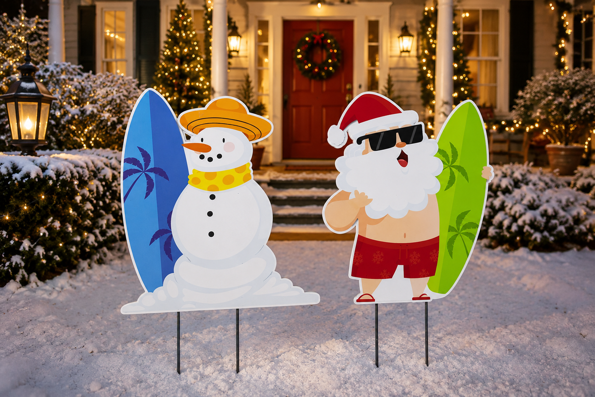 Santa and Snowman Coastal Surf Yard Signs