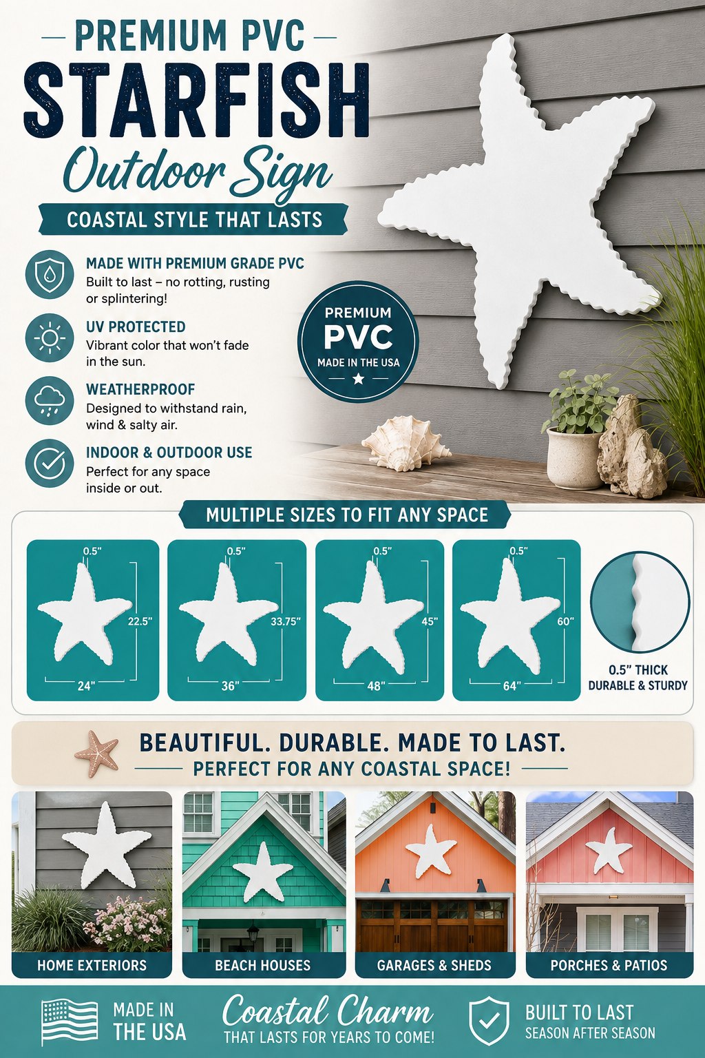 Outdoor Starfish Wall Decor, PVC Starfish Beach House Decoration, Weatherproof Coastal Wall Art for Pool, Shed, Nautical Ocean-Themed Hanging Sign