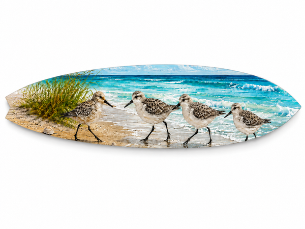 Shorebird Surfboard Wall Art – Beach House Decor with Sandpipers, Surfboard Sign, Weather Resistant PVC Indoor Outdoor