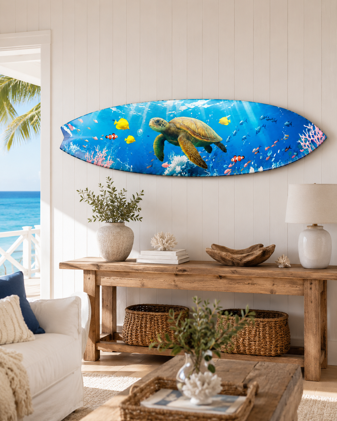 Sea Turtle Surfboard Wall Art, Horizontal Coastal PVC Decor, 1 FT to 5 FT