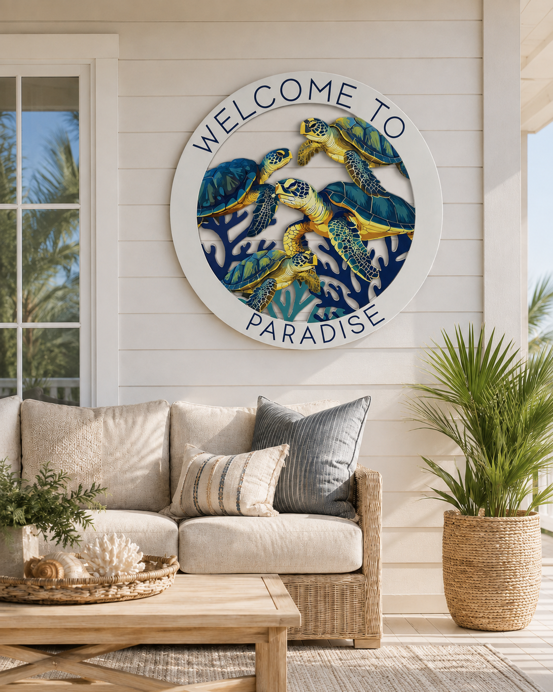 Sea Turtle Welcome to Paradise Sign, Round PVC Beach House Decor, 2-3 FT