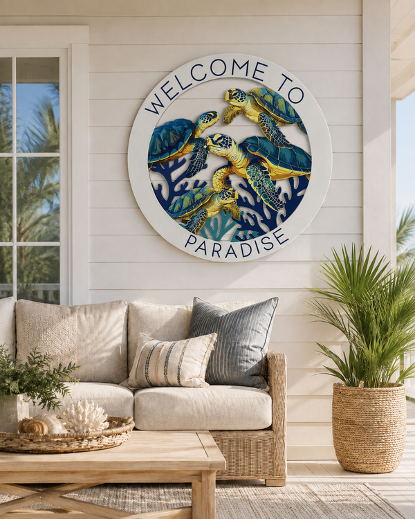 Sea Turtle Welcome to Paradise Sign, Round PVC Beach House Decor, 2-3 FT