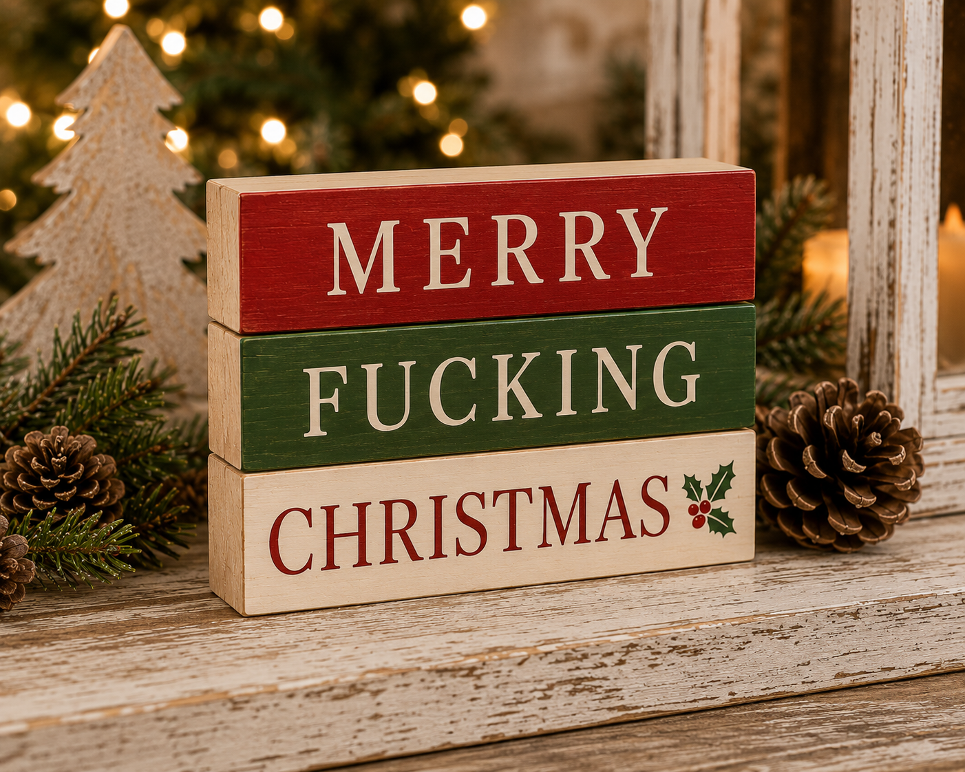 Inappropriate and  Funny Christmas Decorations, Set Of 3 Merry Christmas Wood Block - Merry Fucking Christmas