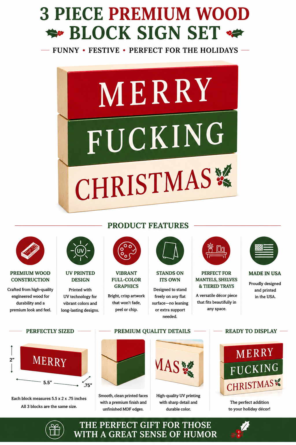 Inappropriate and  Funny Christmas Decorations, Set Of 3 Merry Christmas Wood Block - Merry Fucking Christmas