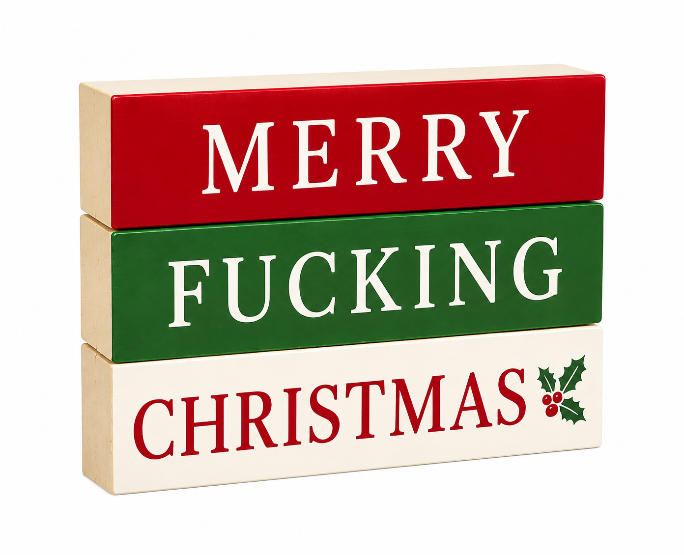 Inappropriate and  Funny Christmas Decorations, Set Of 3 Merry Christmas Wood Block - Merry Fucking Christmas