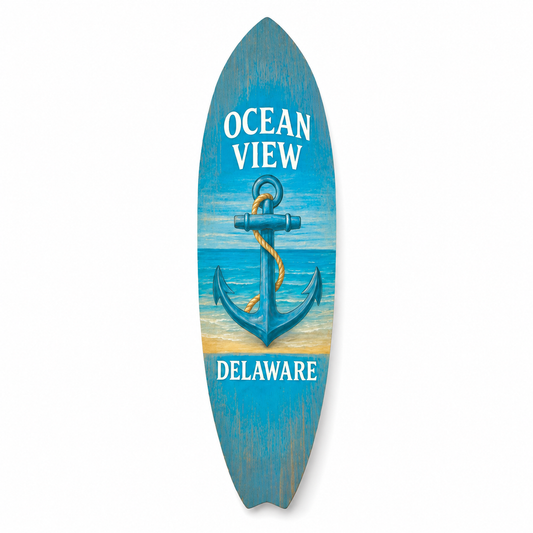 Ocean View Delaware Surfboard Wall Art: Coastal Anchor Beach House Decor
