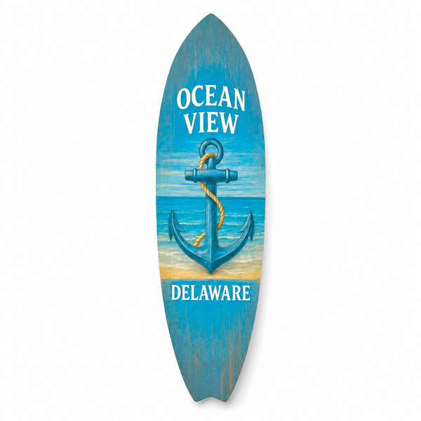 Ocean View Delaware Surfboard Wall Art: Coastal Anchor Beach House Decor