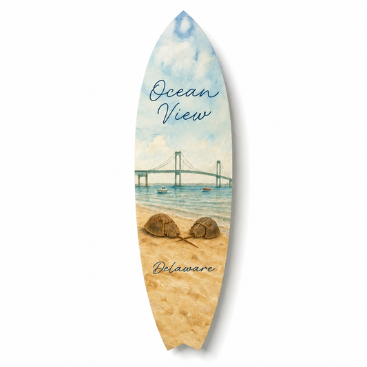Ocean View Delaware Surfboard Wall Art, Outdoor Coastal Decor, Beach House Sign