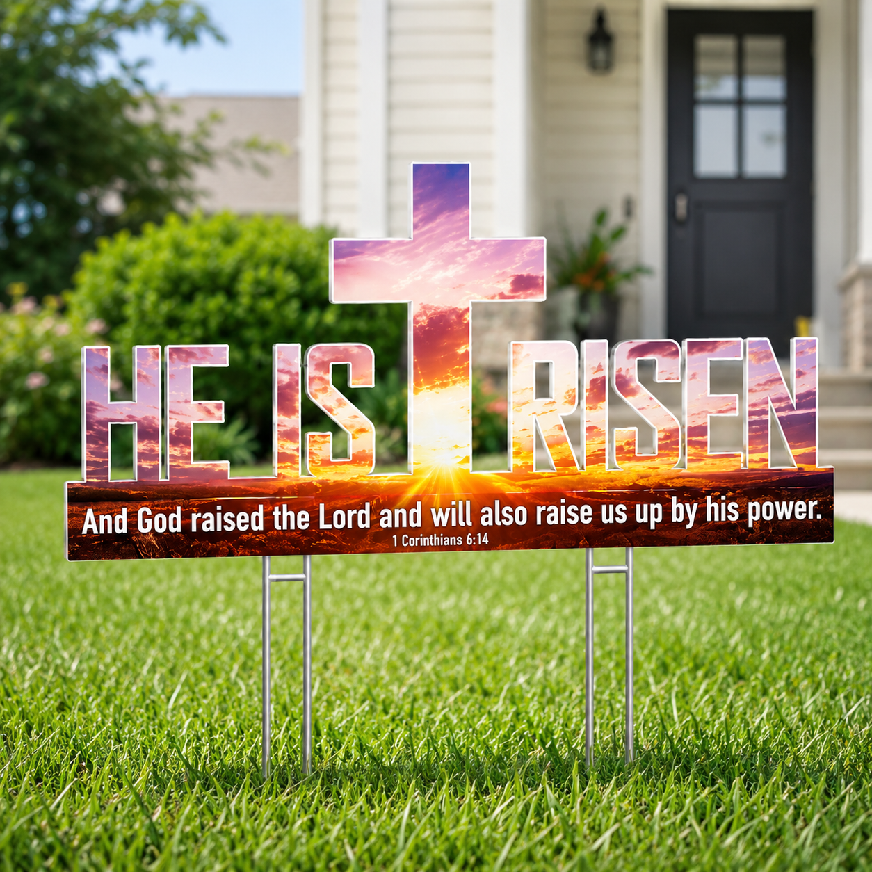 He Is Risen Outdoor Yard Sign – Easter Decorations, Weatherproof PVC with Metal Stakes, 2' x 1', for Yard, Church, or Garden Décor, White