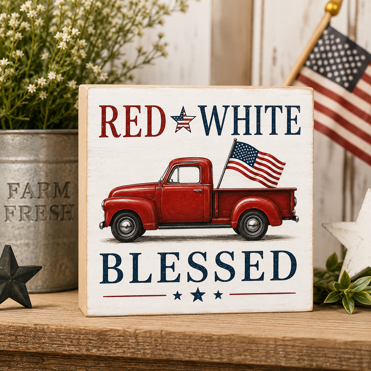 Red White and Blessed Wooden Patriotic Sign