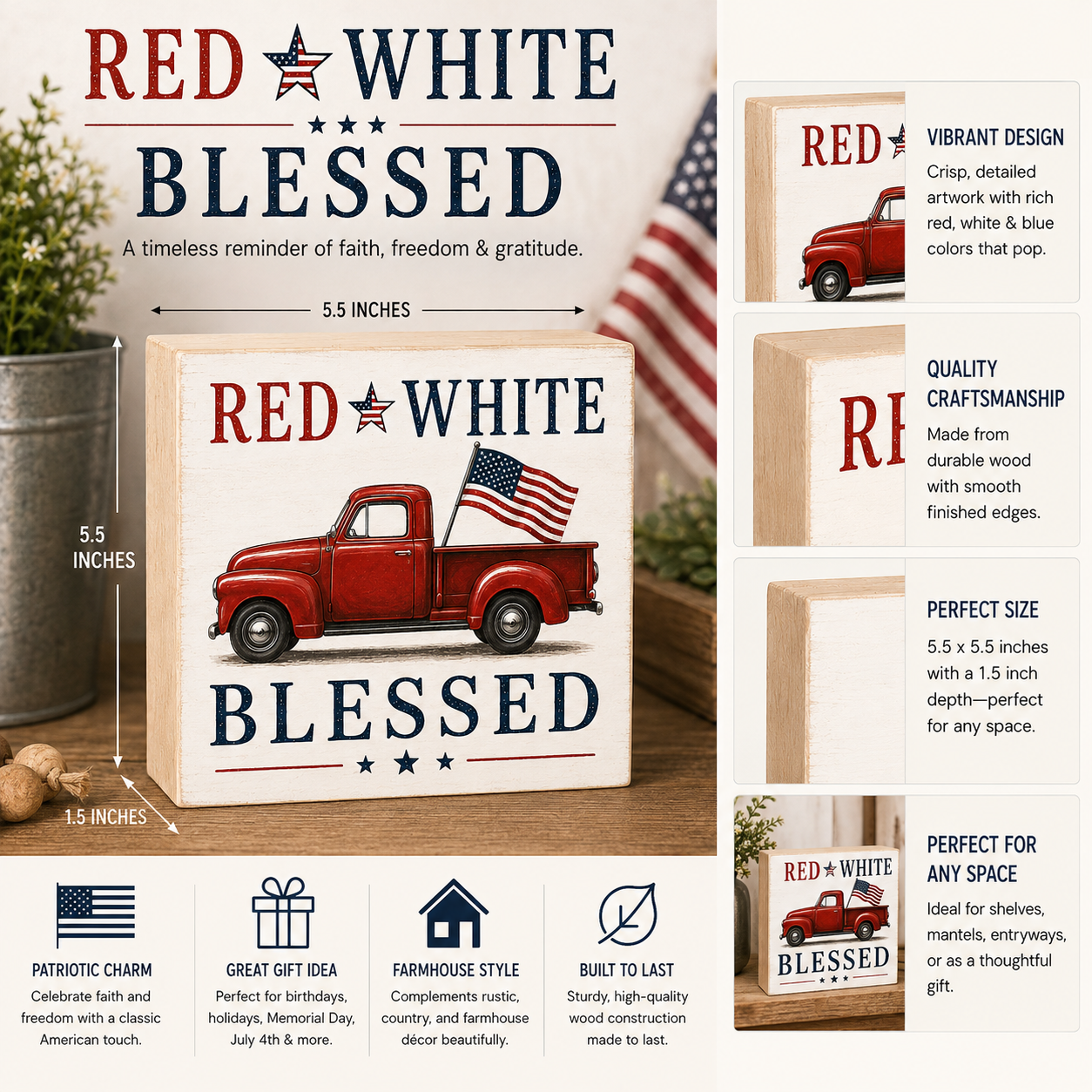 Red White and Blessed Wooden Patriotic Sign