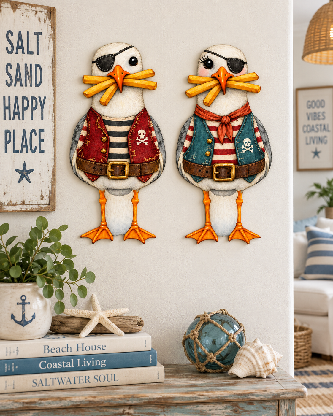 Halloween Garden Signs Set of 2 Pirates Costume Seagulls, Coastal Halloween Yard Decor