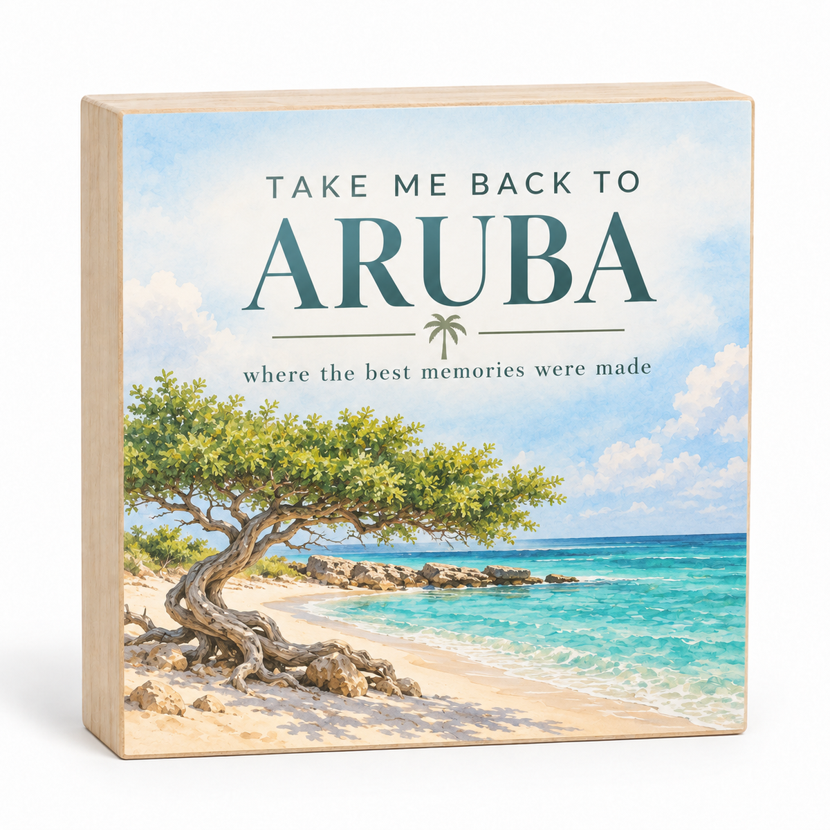 Take Me Back to Jamaica tropical wood block sign with sunset, mountains, turquoise water, and bamboo raft