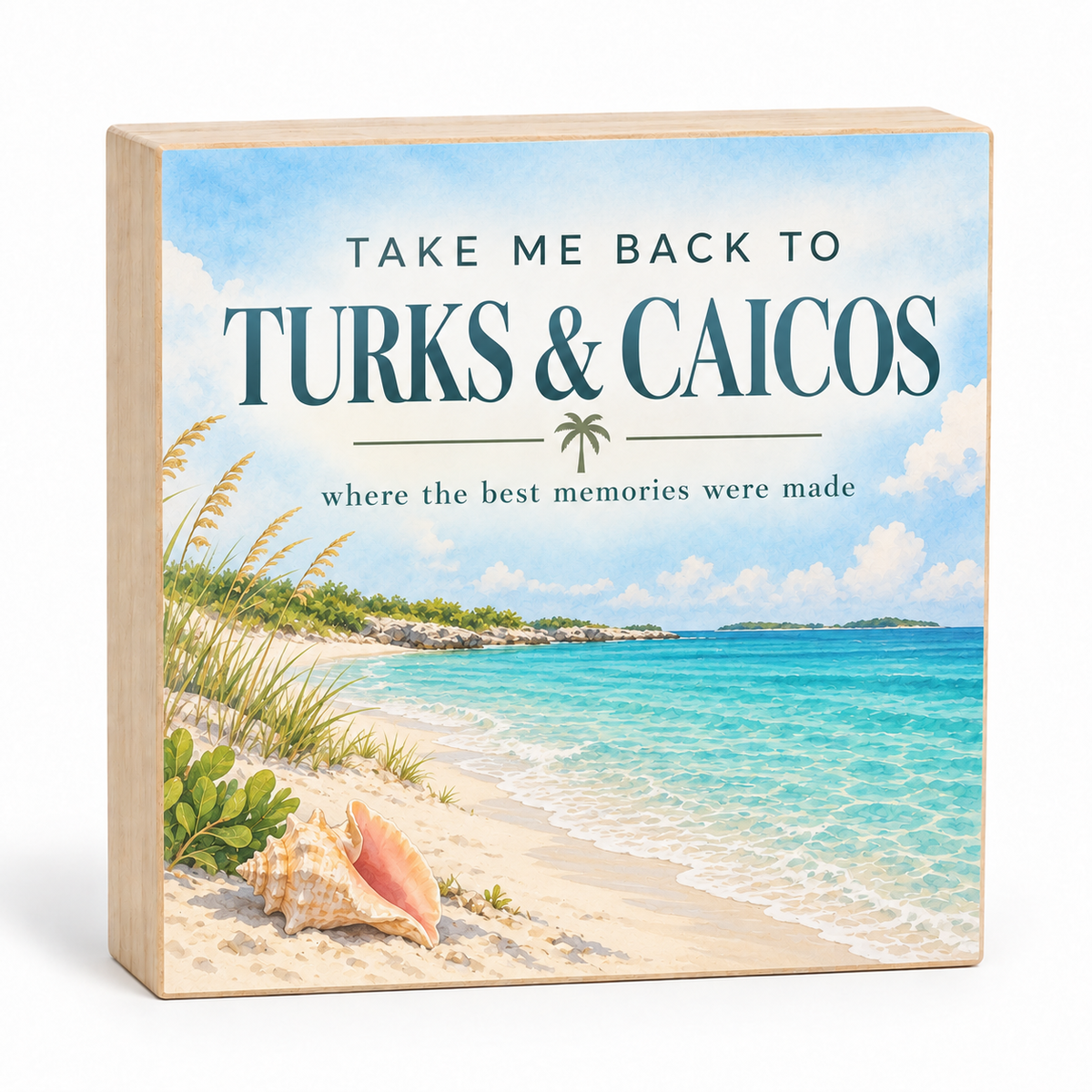 Take Me Back to Turks & Caicos wood block sign with white sand, turquoise water, and seashell