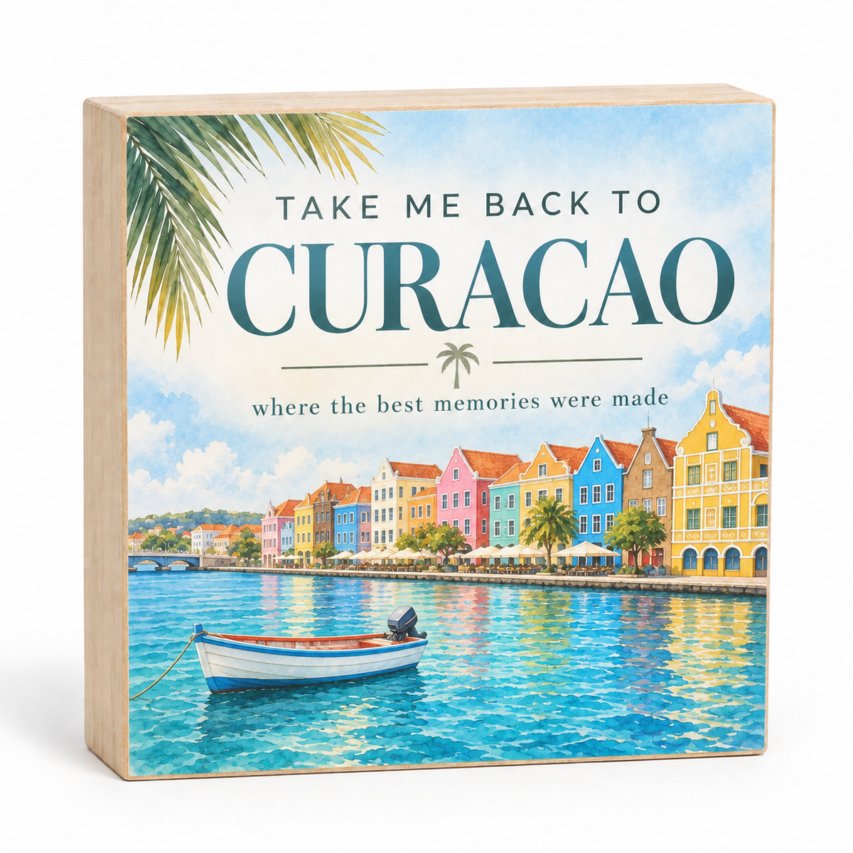 Take Me Back to Aruba wood block sign with turquoise sea, sandy beach, and divi-divi tree