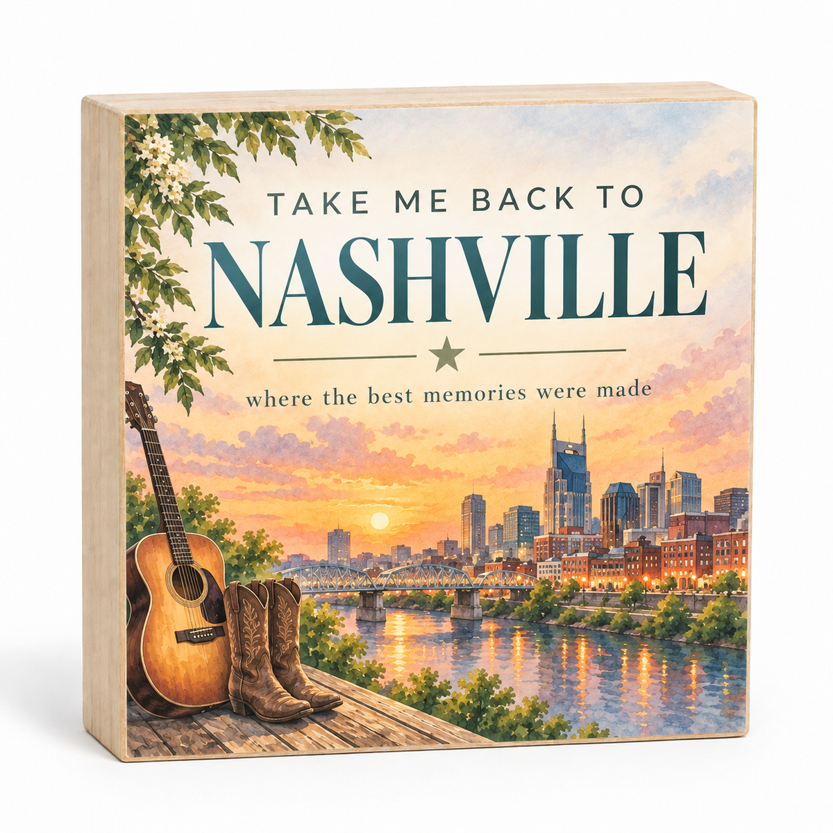 Take Me Back to Nashville wood block sign with skyline, riverfront, guitar, cowboy boots, and sunset