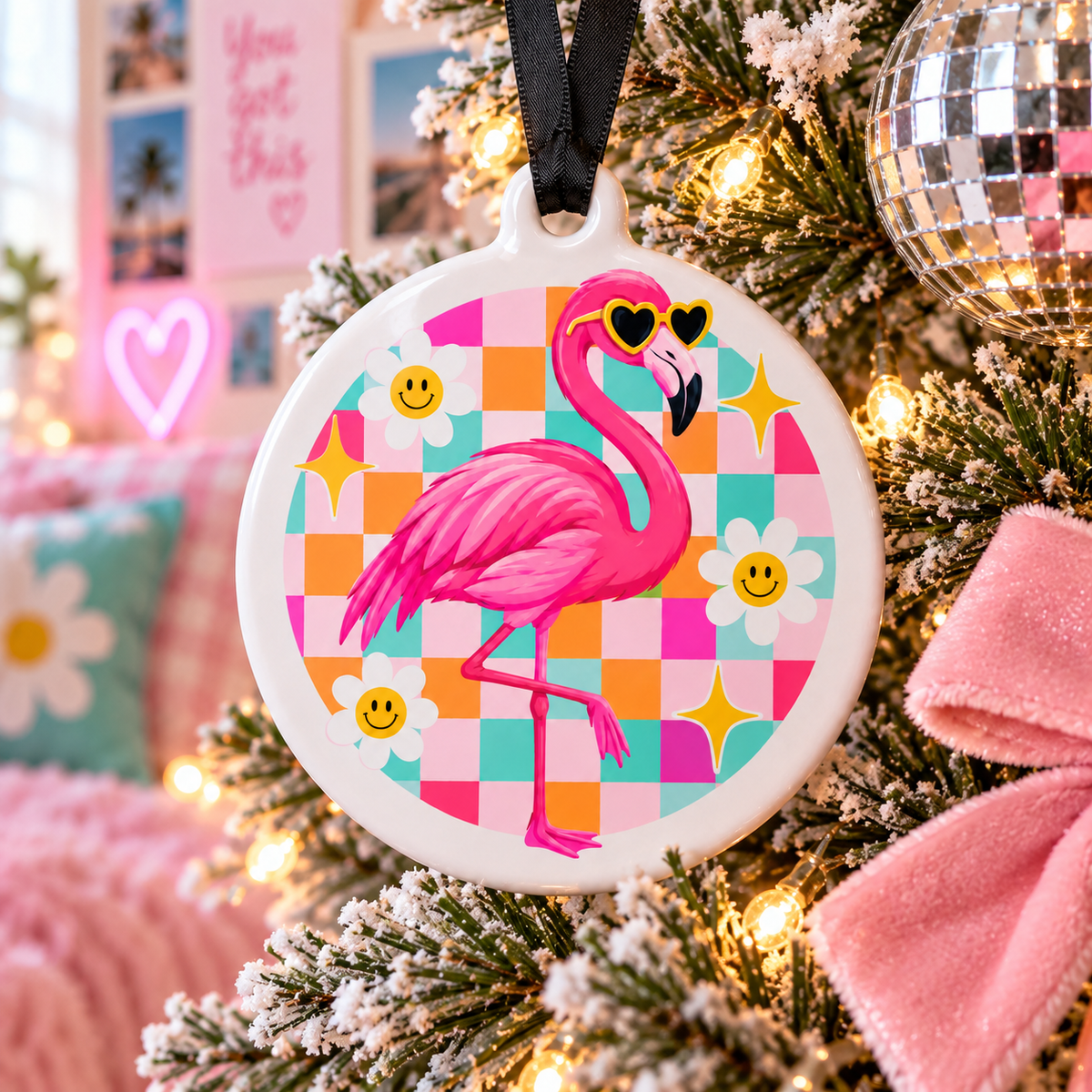 Pink Flamingo Christmas Ornament – Preppy Checkerboard Smiley Daisy Coastal Girly Christmas Tree Decor