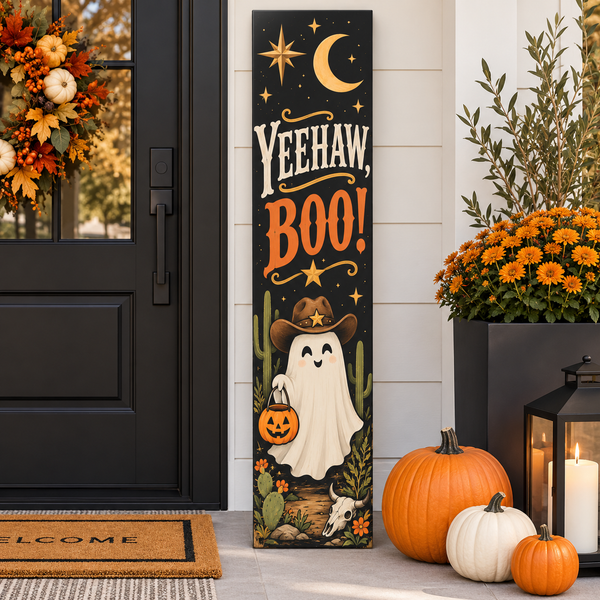 Yeehaw Boo Cowboy Ghost Halloween Porch Sign – Western Halloween Porch Board Decor