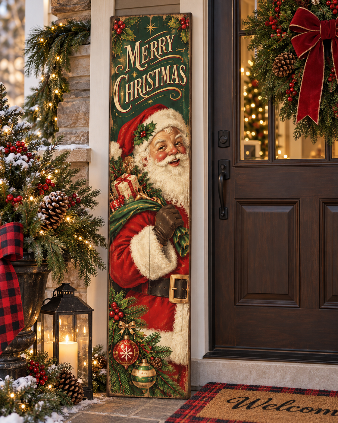 Traditional Retro Santa Clause Christmas Porch Leaner Board