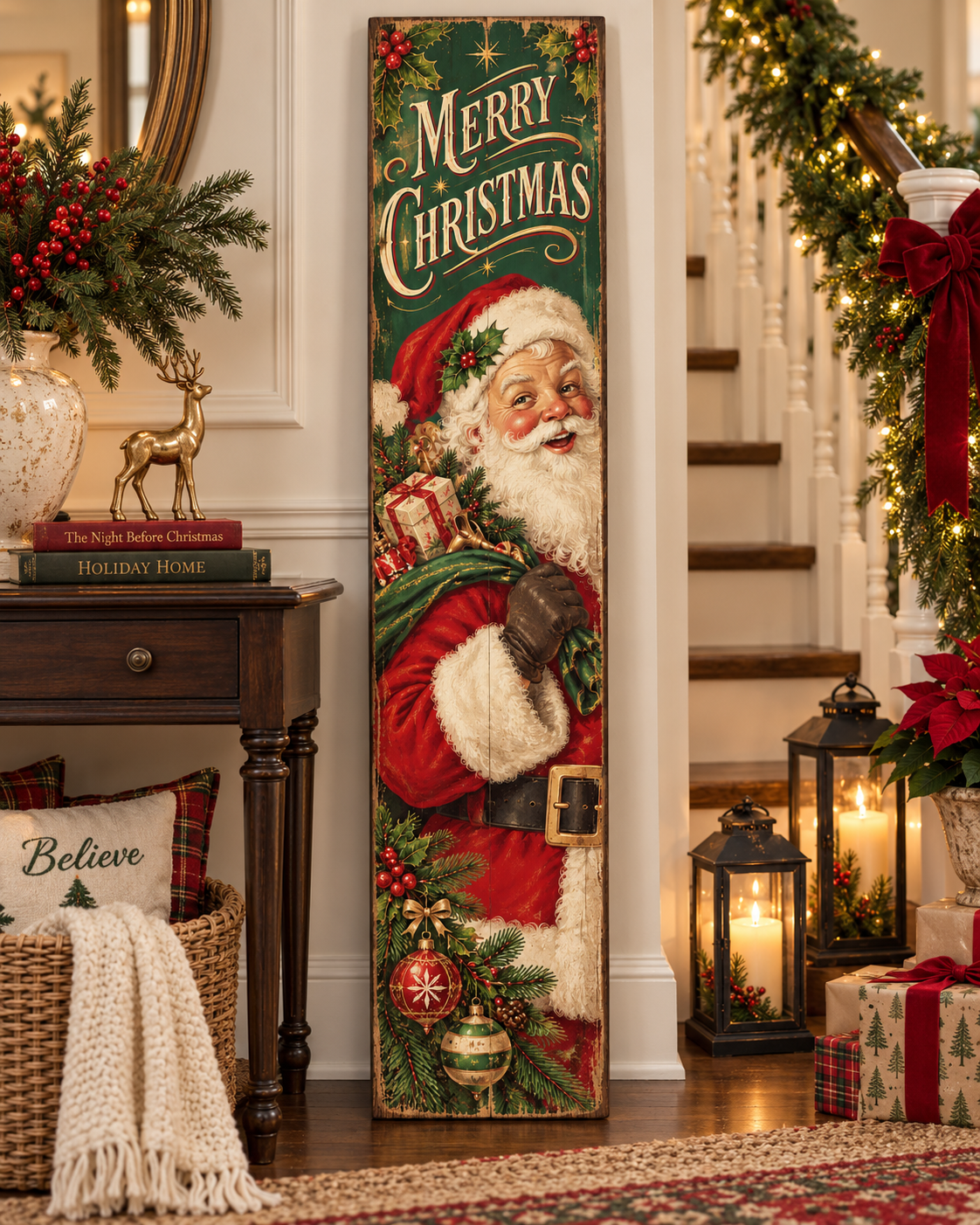 Traditional Retro Santa Clause Christmas Porch Leaner Board